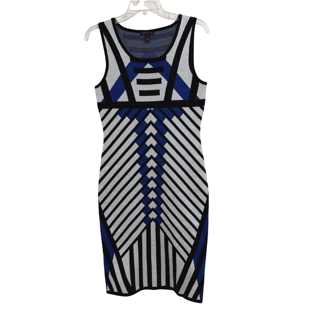 Material Girl Women Blue White Black Geometric Knit Sleeveless Sweater Dress L